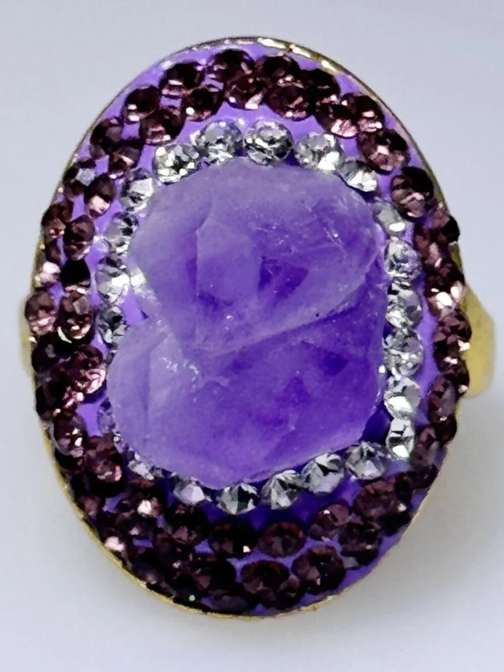 Gold plate fashion ring, NWOT, adjustable, raw Amethyst crystal center, CZs
